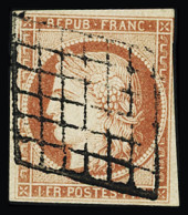Obl N°7 1 Franc Vermillon, Oblitéré Grille Propre, Légèrement Touché En Haut à Droite, TB, Rare. Signé Calves, Cert. JF. - 1849-1850 Ceres