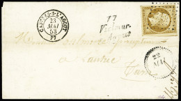 Lettre N°9 10c Bistre-jaune, Avec Voisin, Obl. PC + Cursive "77 Vielmur S Agout" (Tarn) +T15 Castres S L'Agout 23 Mai 53 - 1852 Louis-Napoleon