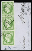 Obl Oblitération Gros Chiffres 2240 De Marseille Sur N°12 5c Vert En Bande De Trois Sur Fragment Avec Càd Marseille, TTB - 1853-1860 Napoleon III