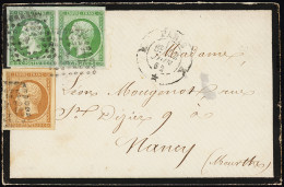 Lettre N°12 Et 13B, 5c Vert PAIRE Et 10c Bistre, Tous Grandes Marges, Obl. Los. K S. Env., Càd K PARIS K * 22/1/62, TTB - 1853-1860 Napoleon III