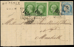 Lettre N°20a 5c Vert FONCE (3) Jolie Nuance Et N°60A 25c. Obl. GC 5051 S. LAC D'ORAN 24/1/72 à Marseille 27/1, TB - 1862 Napoleon III
