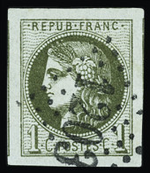 Obl N°39A 1c Olive, Report 1, Obl. GC 1203 De Coutras (Gironde), Encadré Par Deux Voisins, Deux Infimes Pelurages Quasi  - 1870 Bordeaux Printing