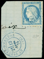 Obl N°60 25c Bleu, Obl GC 3811 En BLEU Sur Fragment Avec Càd Bleu St Pierre De D'Oléron (Charente-inférieure) 12 Aout 75 - 1871-1875 Ceres
