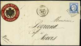 Lettre N°60 Sur Lettre De Limoges 12 Sept.1873 Pour Nevers, Superbe Vignette Société Sapin Et Cie De Limoges, TTB - 1871-1875 Ceres