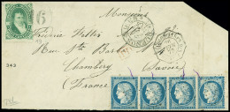 Devant De Lettre N°60 En Bande De 4 OBL Ancre + CAD Octogonal "Buenos Ayres PAQ. FR. J N°6" (1875) Sur Devant De Lettre  - 1871-1875 Ceres