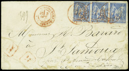 Lettre N°79, Bande De 3, OBL CAD Rouge "(3) Affranchissements (3) Paris" (1877) Répété à Côté Sur Lettre - 1876-1898 Sage (Type II)