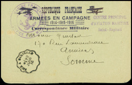 Lettre Carte Lettre FM Avec CAD Convoyeur Ligne "Nice à Marseille" (1916) Et Griffe Violette "Centre D'aviation Maritime - WW I