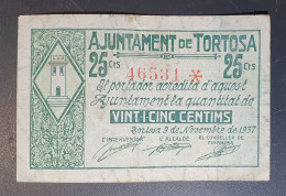 España Billete 25 Céntimos 1937 AJUNTAMENT DE TORTOSA - Altri & Non Classificati