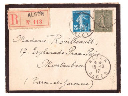 ALGER Faire Part De Deuil Lettre Recommandée 15c Semeuse Lignée 25c Semeuse Dest Montauban Yv 140 130 Ob 15 10 1917 - Brieven En Documenten