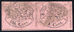 Delcampe - O 1867, 80 Cent. Rosa Lillaceo, Coppia Orizzontale, Usata, Cert. Cardillo (Sass. 20 / 2100,-) - Stato Pontificio