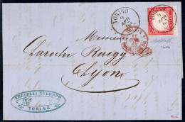 Cover 1862, 40 Cent. Rosso Carminio, Bordo Di Foglio A Destra, Su Lettera Da Torino 9.4.1863 Per Lyon, Lusso, Firmata Bo - Other & Unclassified