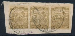 1920 Arató 600K Hármascsík Kivágáson Vasúti Bélyegzéssel, A Középső Bélyegen A "6" Felfelé Tolódott A Bal Oldali értéksz - Other & Unclassified