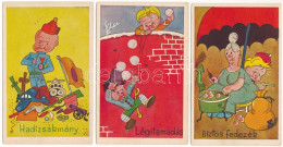 ** 3 Db Régi Humoros Katonai Művészlap Gyerekekkel / 3 Pre-1945 Military Humour Art Postcards With Children - Unclassified