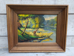Tableau Paysage Forestier Cerf Au Bord De L’Étang Signé Baudoin - Oils