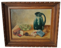 Tableau Ancien Peinture à L'huile Sur Toile Signé L. Gisquet Nature Morte Carafe Verre Paquet De Cigarettes Cendrier - Oils