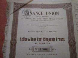 FINANCE UNION - Action De 250 Francs Au Porteur - D - F