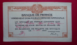 Versement D'or Pour La Défense Nationale, Banque De France, 1915, Frais Fr 2.15 E - A - C
