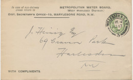 GB „WILLESDEN.S.O.N.W“ (LONDON) Double Circle Postmark On Superb EVII ½d Yellowgreen Stamped To Order Postal Stationery - Covers & Documents