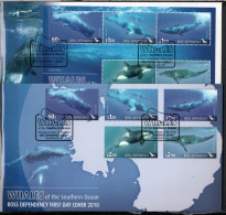 Ross Dependency 2010 Michel 119-123, Block 4 Whales Of The Southern Ocean Set Of 5 + S/s On 2 FDC - FDC