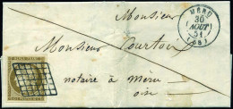 Obl. 1c - 1c. Bistre-verdâtre Foncé Obl. Grille S/lettre Frappée Du CàD De MERU Du 30 Août 1851 à Destination De MERU. S - 1849-1850 Ceres