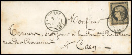 Obl. 3 - 20c. Noir S/jaune Obl. S/lettre Frappée Du CàD De VALOGNES Du 2 Janvier 1849 à Destination De CAEN. Timbre Cour - 1849-1850 Ceres