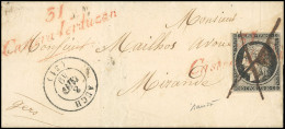 Obl. 3 - 20c. Noir S/jaune Obl. Cursive Rouge "31 CASTERA VERDUZAN" + Plume S/lettre Frappée Du CàD De AUCH Du 8 Janvier - 1849-1850 Ceres