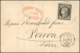 Obl. 3a - 20c. Noir S/blanc Obl. Grille S/lettre Frappée Du CàD De PARIS (60) Du 5 Mars 1850 à Destination De VOIRON - I - 1849-1850 Ceres