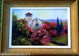TABLEAU * L' EGLISE DANS UN VILLAGE LANDAIS * Odette GRECQ, Artiste Landaise ( Format : 33 X 22 Cm Environs ) - Gouaches