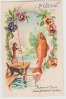 Delcampe - Cpa Fantaisie 1er Avril - Poisson Et Fleurs ( Chats ) - Erster April
