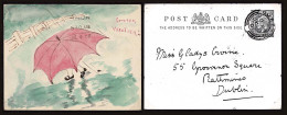 Lot # 102 IRELAND: 1907 1d Edward Postcard,  Hand-painted Greeting , "THE DAILY IRISH DISASTER, IRISH SUMMER WEATHER" - Postal History