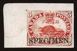Lot # 125 CANADA: 1851, Beaver, 3d Red, On India Paper Overprinted SPECIMEN In Green, Top Left Corner Sheet Margin Copy - Other & Unclassified