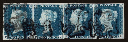Lot # 198 GREAT BRITAIN: 2d  BLUE, HORIZONTAL STRIP OF FOUR PI-PL - Used Stamps