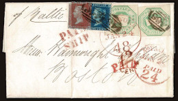 Lot # 208 GREAT BRITAIN: Used To Boston; 1847 1s Green Die 2, TWO Four Margined Singles With Perforated 2d Blue And 1d R - Covers & Documents