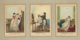 3 Petites Gravures Aquarellées 19ème - La Toilette à La Mode / Le Coiffeur à La Mode / Le Négligé D'une Coquette - Acquarelli