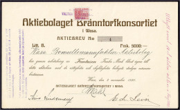 Delcampe - Aktie über 5000 FMK 2.11.1920. Aktiebolaget Bränntorfkonsortiet I Wasa (Vaasa). I- - Finland