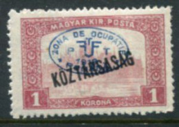 DEBRECEN 1919  1 Kr.   Parliament Köztarsasag With Blue Overprint LHM / *   Michel 51 - Debreczen