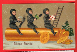 Delcampe - ZZB-40  Bonne Année Ramoneurs Pièces D'or, Fer à Cheval, Trèfle à 4, Lettre Gaufré Geprägt, Circ. 1910 Timbre Manque - Neujahr