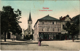 T2/T3 1907 Cáslav, Evangelicky Kostel / Lutheran Church, Shop Of A. Kumerman (small Tear) - Unclassified