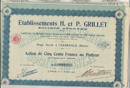 ETABLISSEMENT H PEPINIERES GRILLET - L'ARBRESLE -RHONE 1930- LOT DE 4 ACTIONS DE 500 FRS - Agriculture