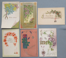 LOT CPA  6X LITHO RELIEF ILLUSTRATEUR THEME FLEUR LANGAGE PENDANT ET FER ELEPHANT COCHON TREFLE - Sammlungen & Sammellose