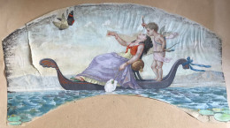 Feuille D' éventail Avant Pliage XIXe Unique ... Rêve Barque Femme Cupidon Papillons - Gouaches