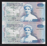 New Zealand, 2 X 10 DOLLARS  P-182, (1994), SAME END NUMBER  GEM  UNC - New Zealand