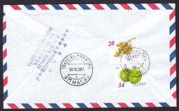Taiwan: Registered Airmail Cover To Macau, 2003, 2 Stamps, Fruit, Food, R-label (minor Damage: Staple Holes) - Covers & Documents