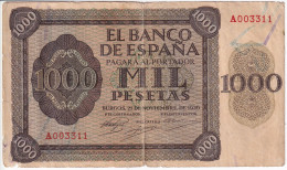 BILLETE DE BURGOS DE 1000 PTAS DEL AÑO 1936 LETRA A  (DIFÍCIL Y RARO) - 1000 Pesetas