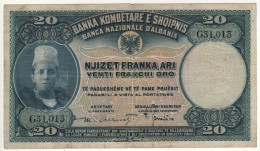 ALBANIA  20 Franchi Oro  Lek   P3a  ( ND 1926)   " Boy At Front + Landscape At Back " - Albania