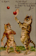 Katze Vermenschlicht Tennis Spielend Präge-AK I-II Chat - Cats