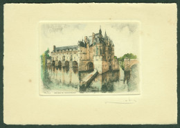 FRANCE  Serie Les Chateaux D' Loire " Chateau De CHENONCEAUX " ~1949 Gravure Colorée Signee 12x18cm Sans Cadre - Gouaches