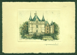 FRANCE  Serie Les Chateaux D' Loire " Chateau De AZAY Le Rideau " ~1949 Gravure Colorée Signee 12x18cm Sans Cadre - Gouaches