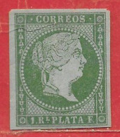 Antilles Espagnoles N°2 Isabelle II 1R Vert Sur Papier Azuré 1855 * - Autres & Non Classés