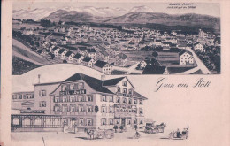 Gruss Aus Rüti ZH, Ville Et Hotel Löwen, Attelage Et Automobile (25.5.1910) - Rüti